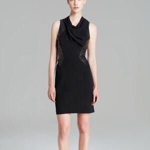 Helmut Lang Black Wool Sphere Combo Sheath Dress Leather Sides Sz. 6